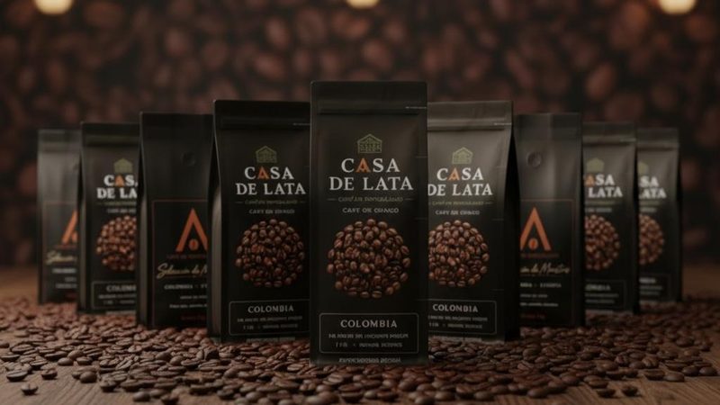 Bolsas de Casa de Lata y Selección de Maestros sobre granos de café