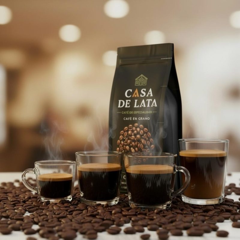 Casa de Lata servido en cuatro tazas: espresso, doble, americano y filtrado