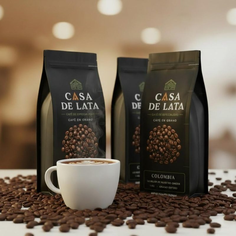 Bolsas Casa de Lata junto a un latte